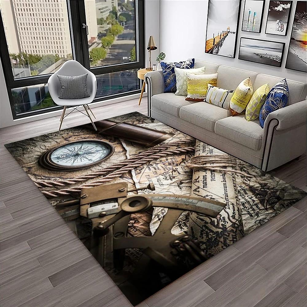 Retro Kompas Navigační Mapa Koberec pro Domácí Obývací Pokoj Ložnici Pohovku Rohožka Dekorace, Koberec do Dětského Hracího Koutku Protiskluzová Podlahová Rohožka
