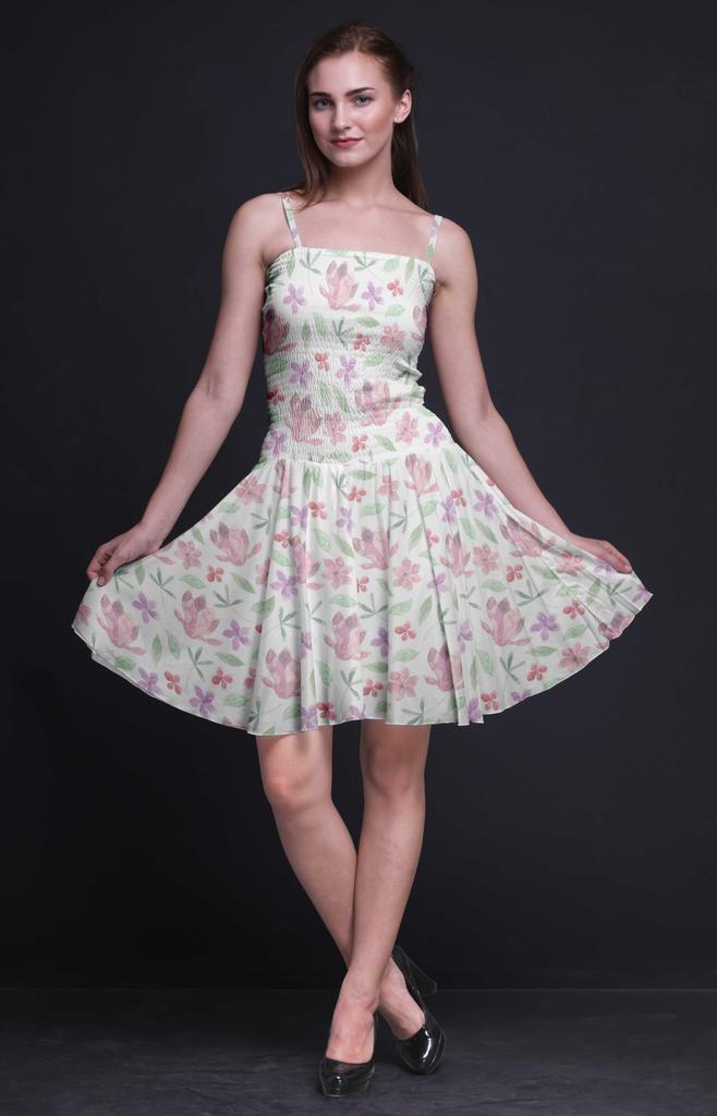 Bimba Floral Printed Women Smocked Waist Top Spaghetti Strap Mini Sun