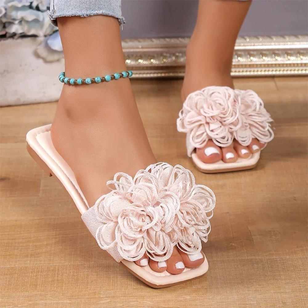 Blumenhausschuhe Damen Wohnungen Outdoor Strand Flip-Flops 2024 Sommer Designer Karree Offene Spitze Sandalen Kleid Elegante Mujer Slides