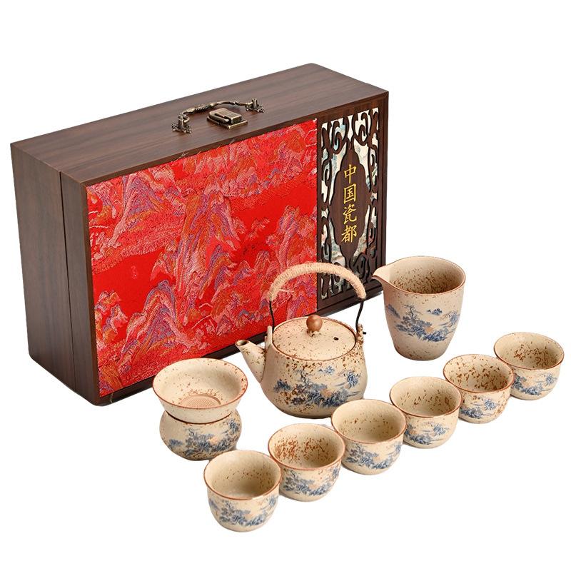 Embroidery gift box, flint red tea set, complete set, teapot, beam pot, teacup gift, souvenir gift