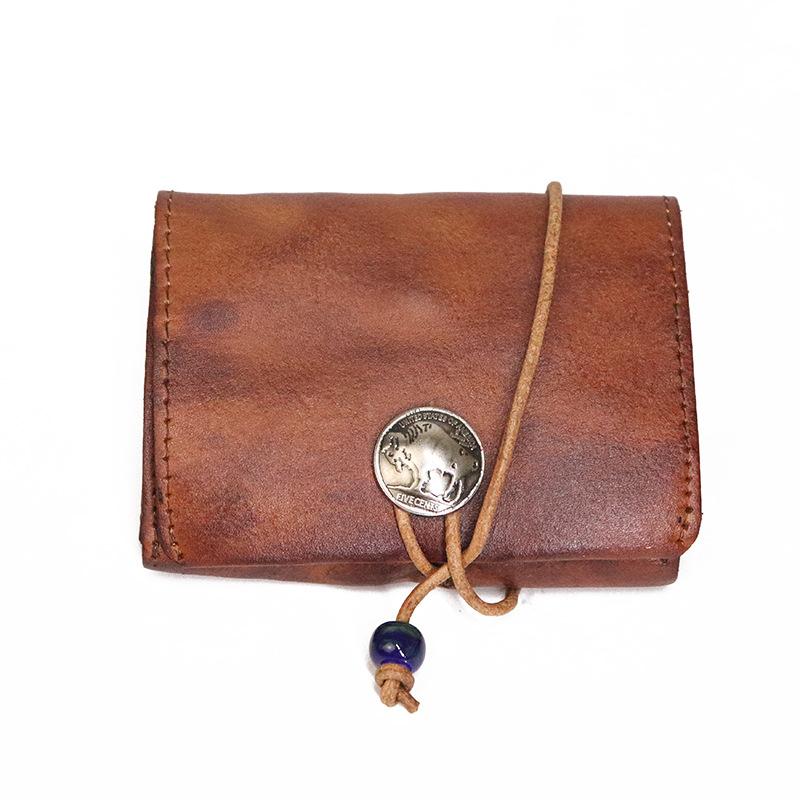 Original New Vegetable Tanned Leather Wallet Card Bag Zero Wallet Women's Retro Drawstring Multifunctional 2-in-1 Card Clip
