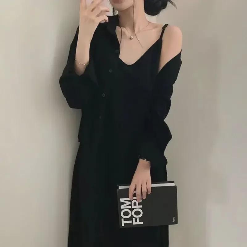 Chic Korean Spring/Autumn Retro Style Suspender Dress + Shirt Jacket Set for Women