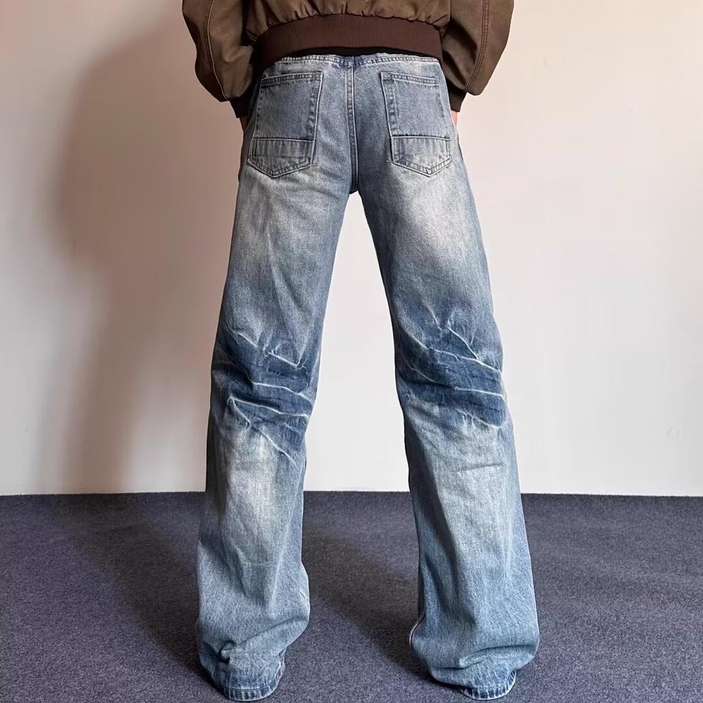High Street Denim Pants For Men, Retro Distressed, Loose Straight Leg Pants, Wide Leg Sports Pants, Trendy