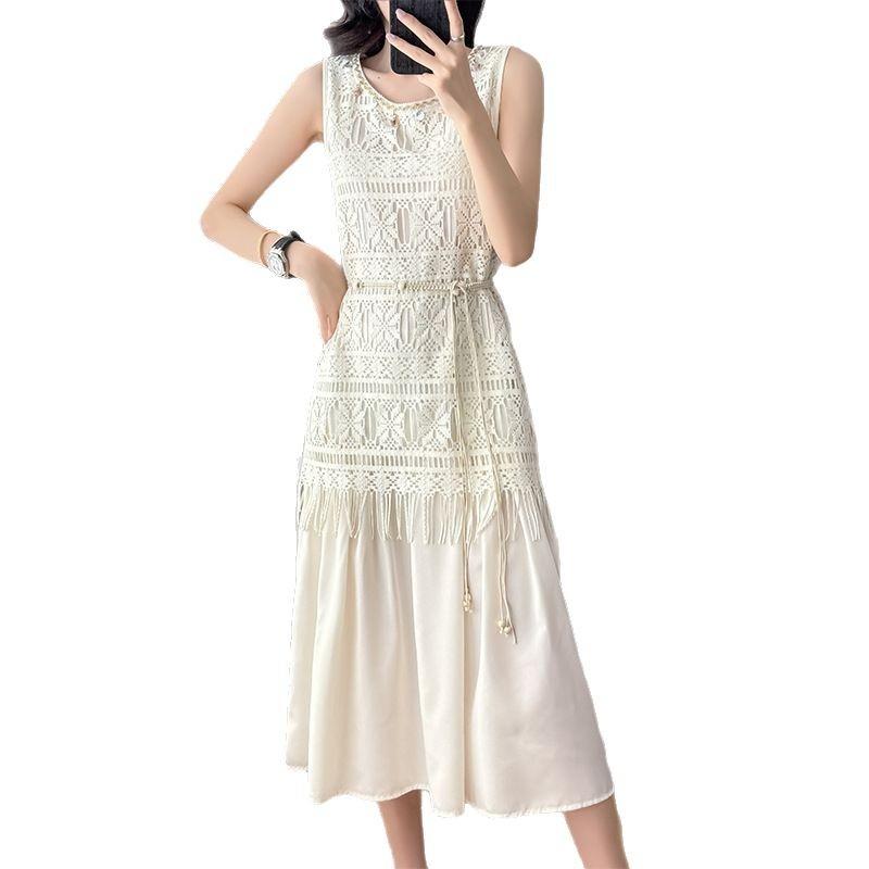 French splicing sleeveless vest dress women's summer high-end temperament seaside vacation waist long dress