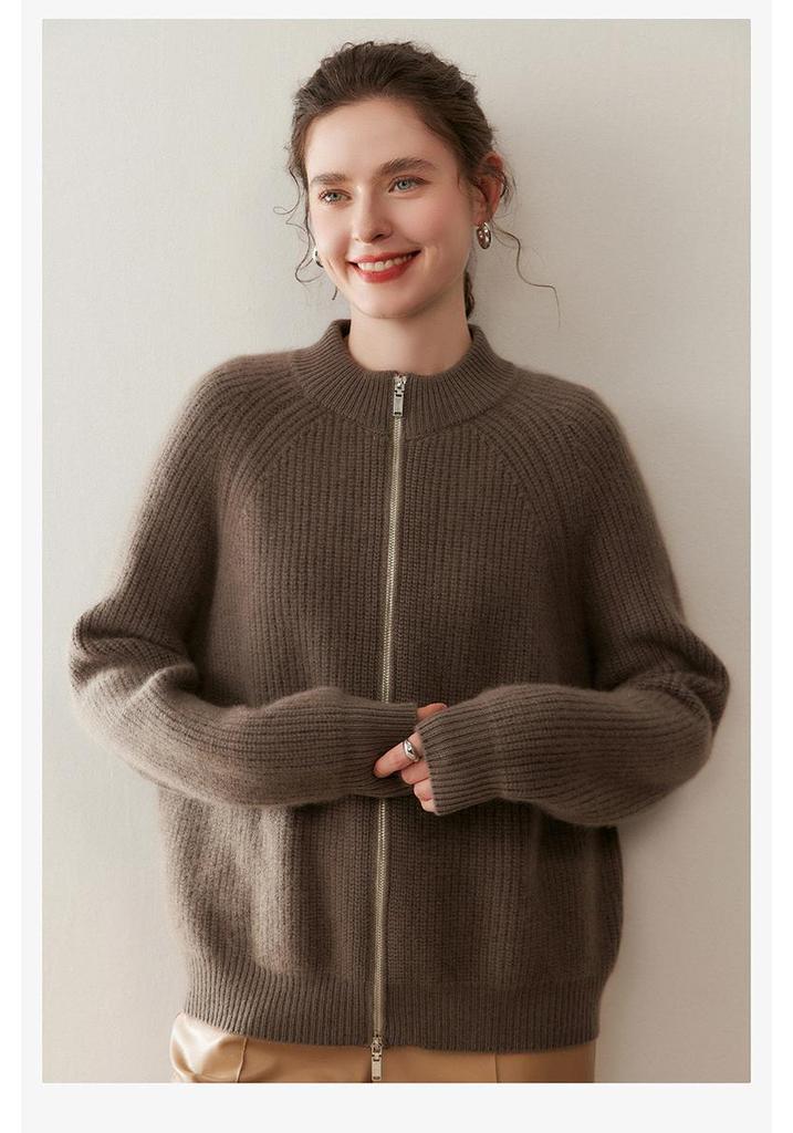 Women's Cashmere Double Zipper Stand Collar Cardigan - Thick Loose Knitwear for Autumn
