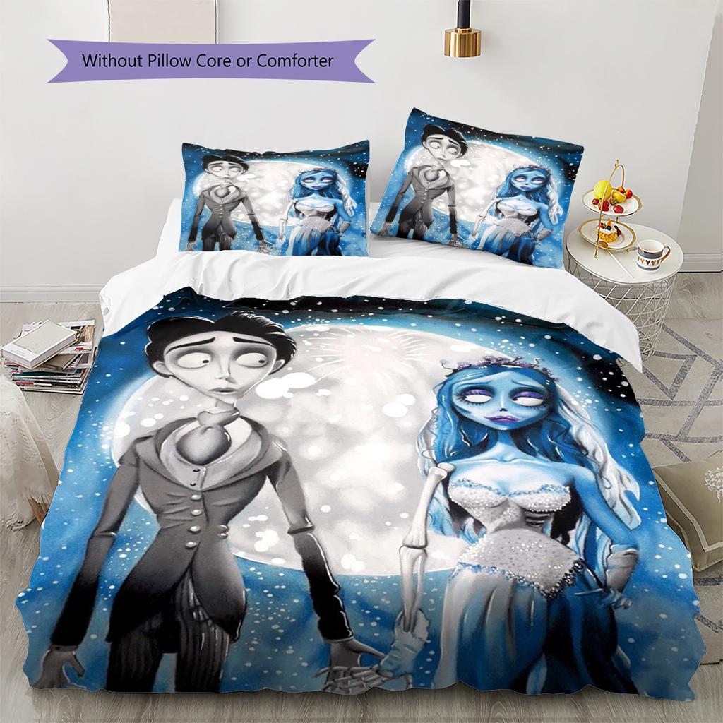 Corpse Bride Cartoon Pattern Bedding Quilt Set Quilt Cover Pillowcase Home Decoration Gift (1 * Duvet Cover + 2 * Pillowcase, Without Core)