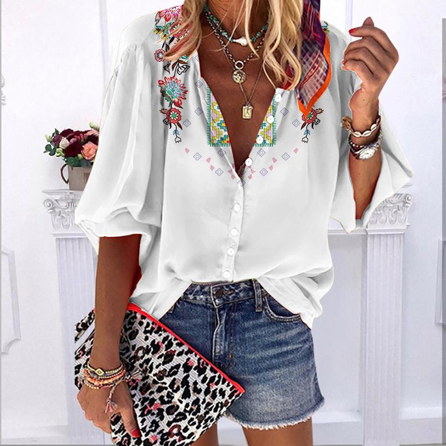 

2023 Лето Осень Новая мода Женские топы Белая вышитая цветочный принт Повседневная рубашка больших размеров на пуговицах с пузырьковыми рукавами