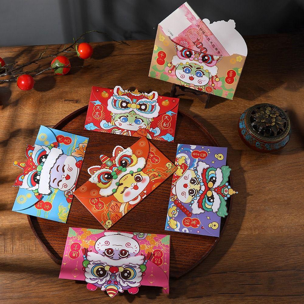 6pcs/set Lion Dance Red Envelope Cartoon Lucky Money Bag Cute Hongbao  Spring Festival