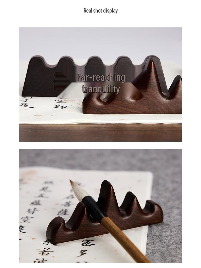 Yubao Pavilion Calligraphy Brush Holder: Ceramic Pen Rest & Solid Wood Stand - Scholar's Creative Pen Hanger, Four Treasures