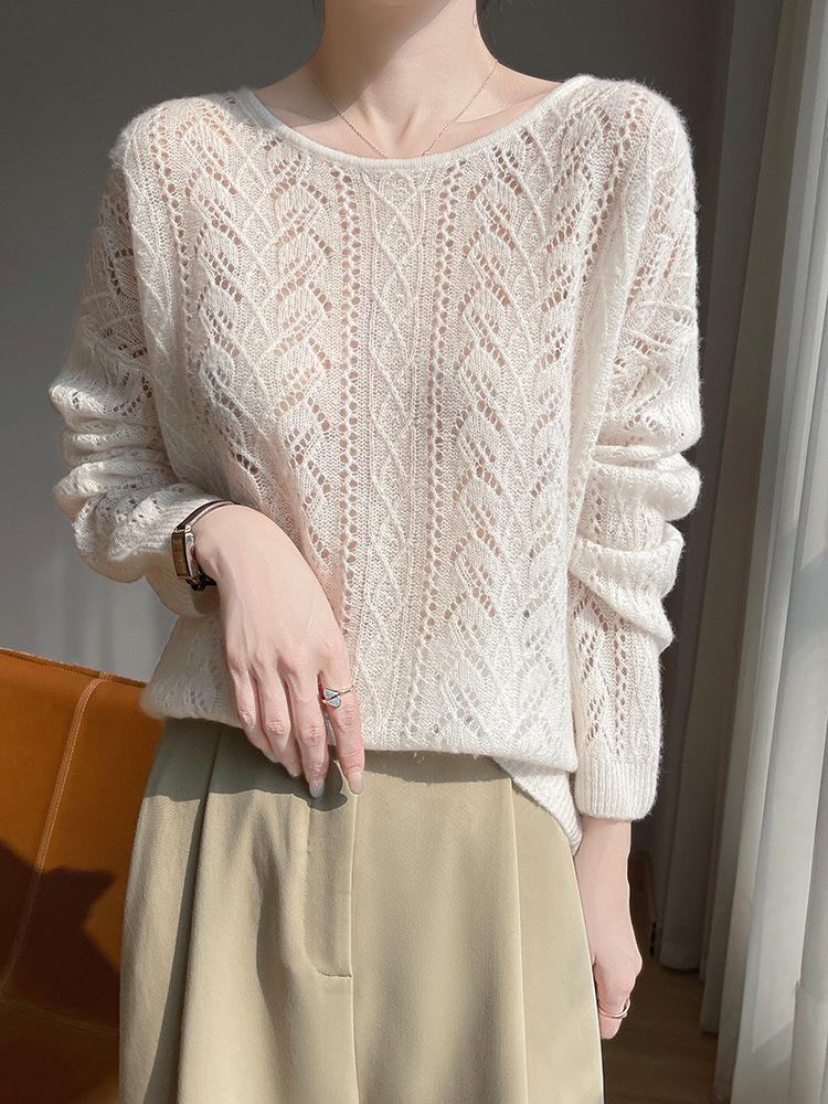 Women's Hollow-Out Cashmere & Silk Sweater - Loose, Sun-Protection Knit Cardigan