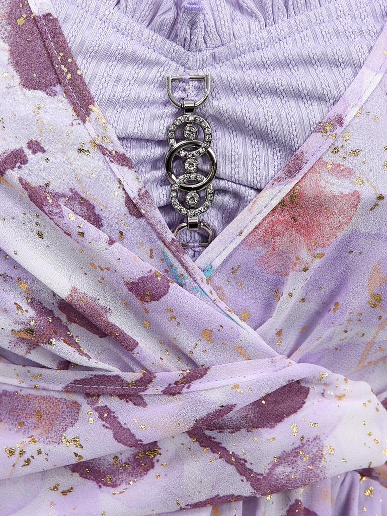 Rosegal Plus Size Floral Print Hot Stamping Chain Panel Ruched Twist Surplice Ruffles 2 In 1 Blouse