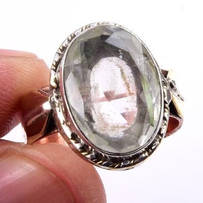 Natürlicher Kristallquarz Edelstein 925 Sterlingsilber Zweifarbig Ring Größe 9 I6M77