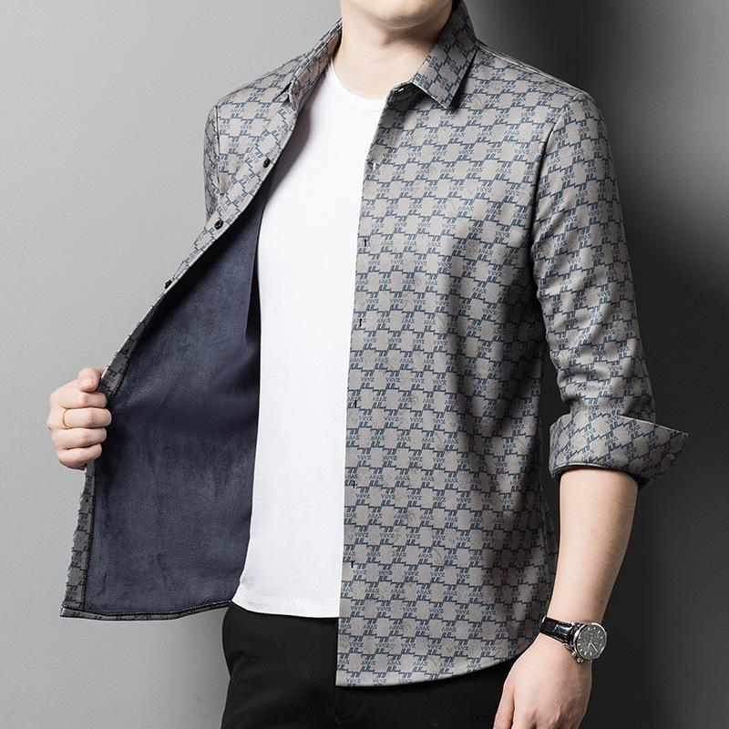 New Winter Style Middle-aged Men's Long-sleeved Velvet Shirts, Thickened Daddy Clothes, Trendy Versatile Plaid Warm Shirts