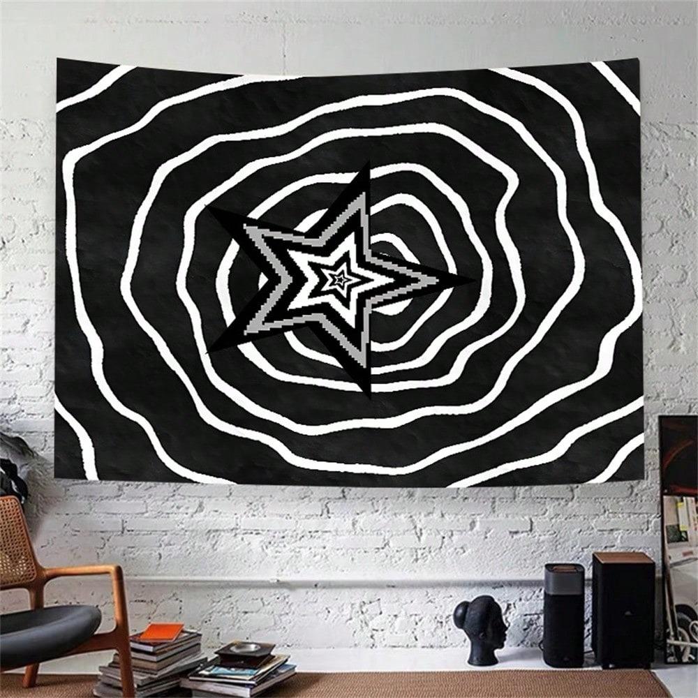 Trippy Spiral Star Tapestry, Black White Pixel Star Print Polyester Wall Hanging, Psychedelic Minimalist Themed Home Decor For