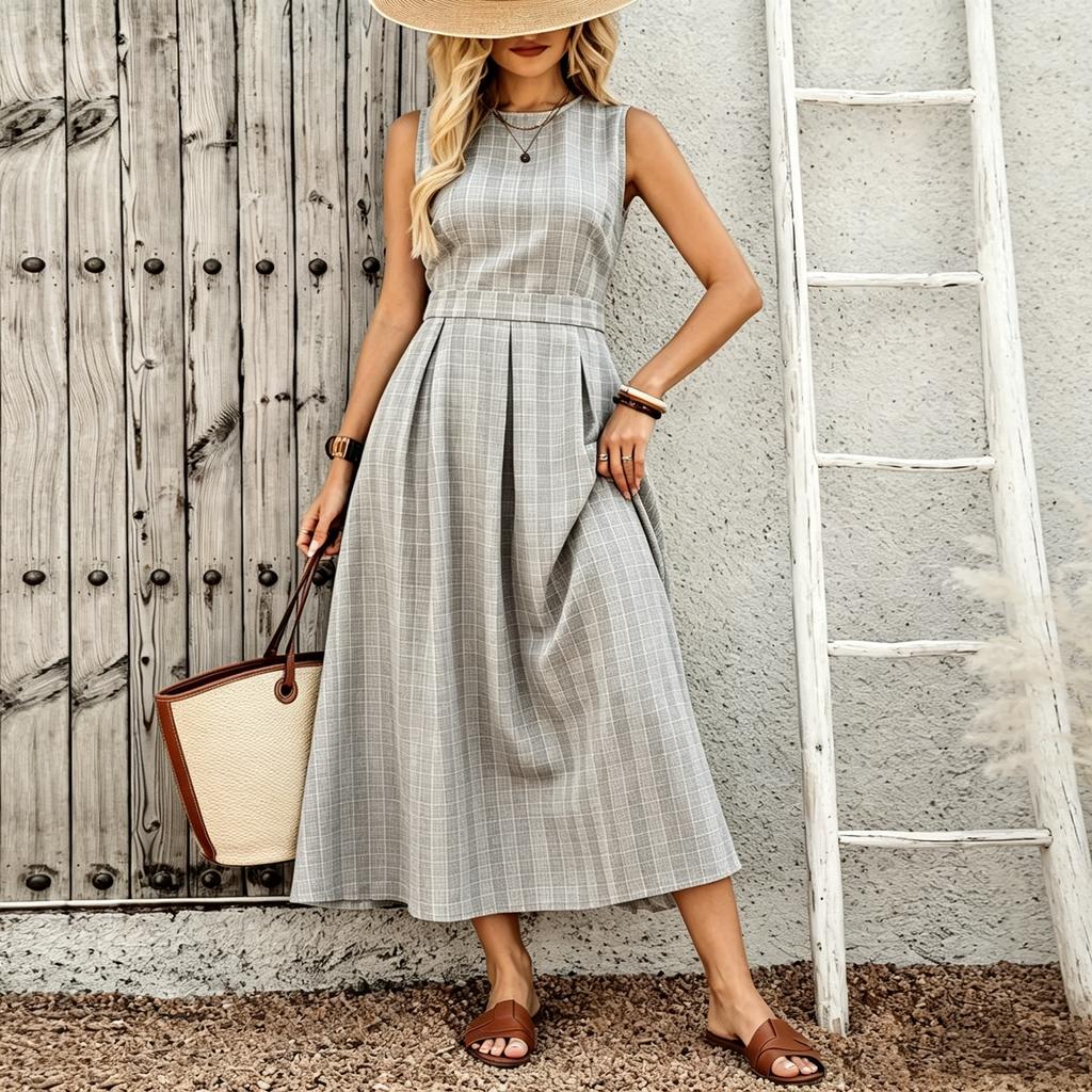 Women's Sleeveless Plaid Dress Round Neck Waist Cinched Midi Length Casual Summer Dress with Pockets and A-Line Silhouette