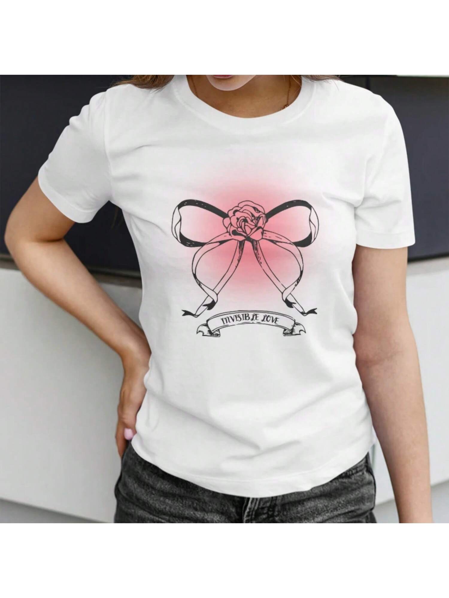 Wounisex s Short Sleeve T Shirt With Invisible Love Bow And Rose Print S разноцветный