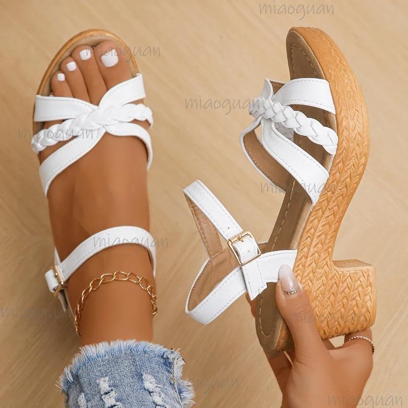 Fashion Ankle Strap High Heels Sandals Women Summer Platform Gladiator Sandalias Mujer Weaving Cross Band Chunky Heeled Sandles