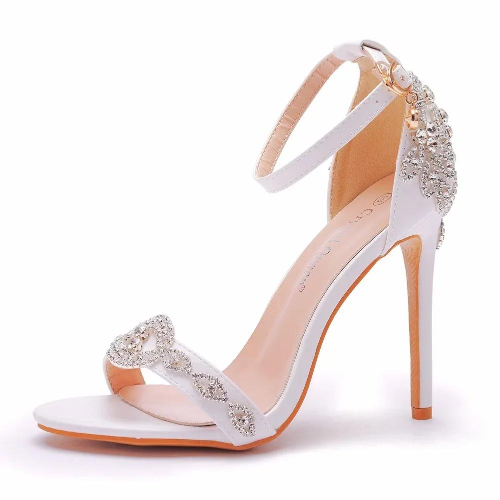 

Pumps Women Heeled Sandals Summer Rhinestone Buckle Strap PU 5CM Thin Heels Dance Female Korean Style Women Shoes White 42 білий
