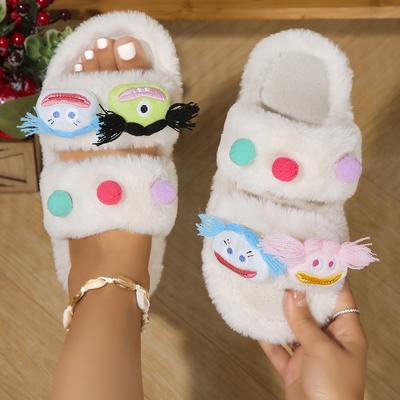 Fashion Cartoon Plush Slippers for Women, Warm Thick Sole Sandals, Cute Sweet Girl Slippers, Anti Slip, Winter, Home