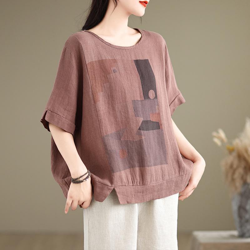 2026 Summer Women s Slimming Loose Fit Cotton Linen Printed Short Sleeve T-shirt Large