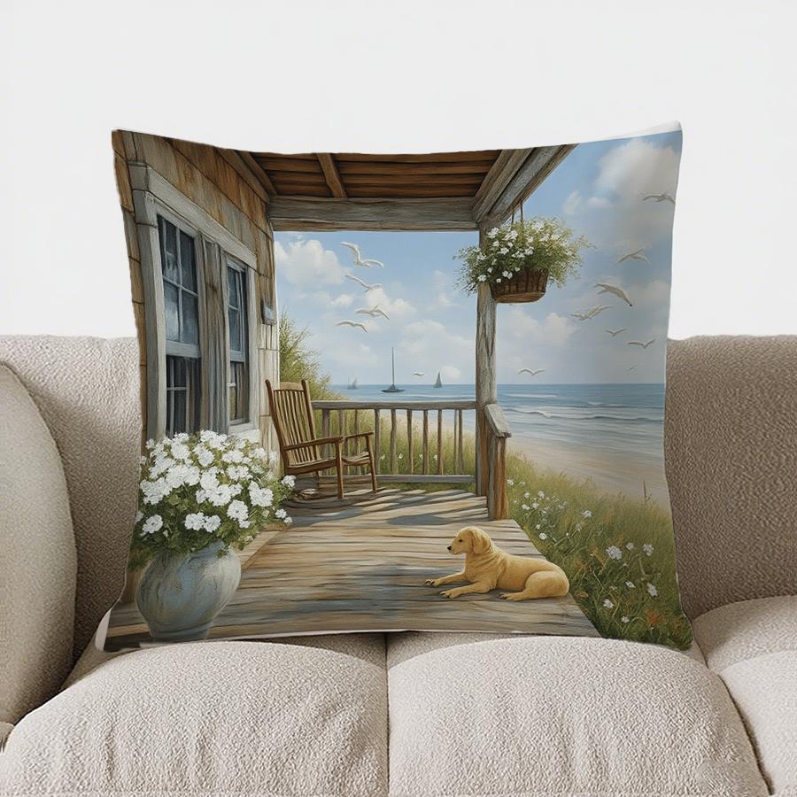 Home Decor Seaside Cabin With Otter And Sailboat Pillow Pattern Cushion Cover Suitable For Sofa Bedroom Car Pillow Cover