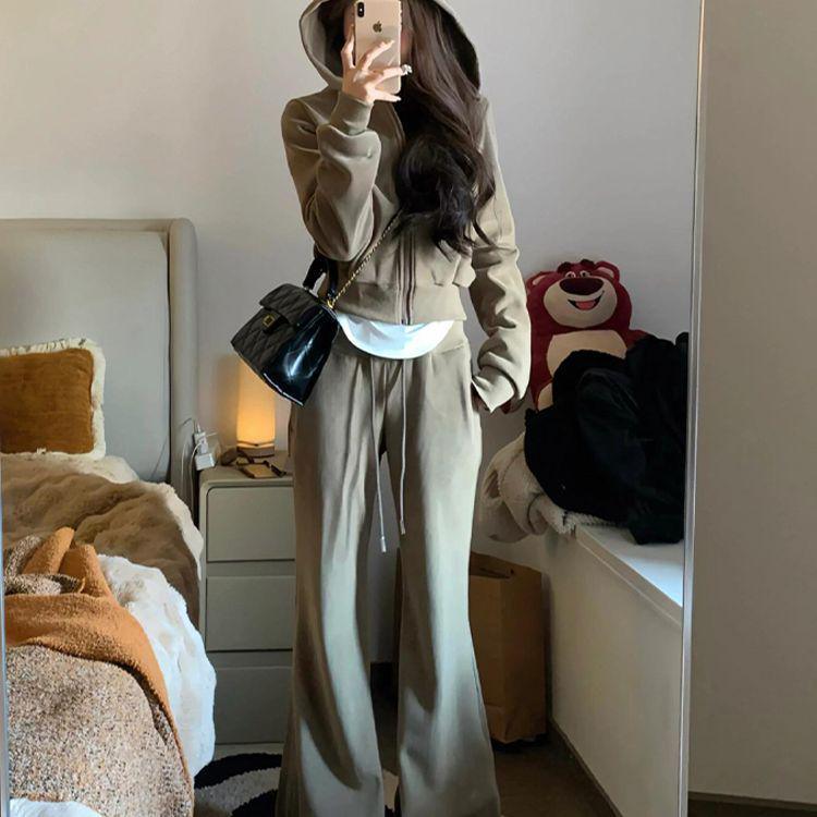 Women's Petite Hooded Sweatshirt and Wide-Leg Pants Two-Piece Set for Spring/Autumn