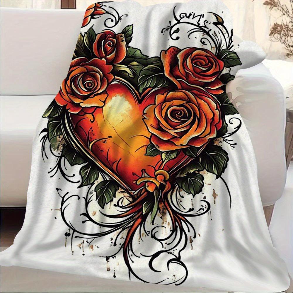 1pc Vintage Heart & Rose Tattoo Design Soft Warm Blanket, 60x80 Inch, All-Season Multi-Purpose Cozy Throw for Dorm, Camping