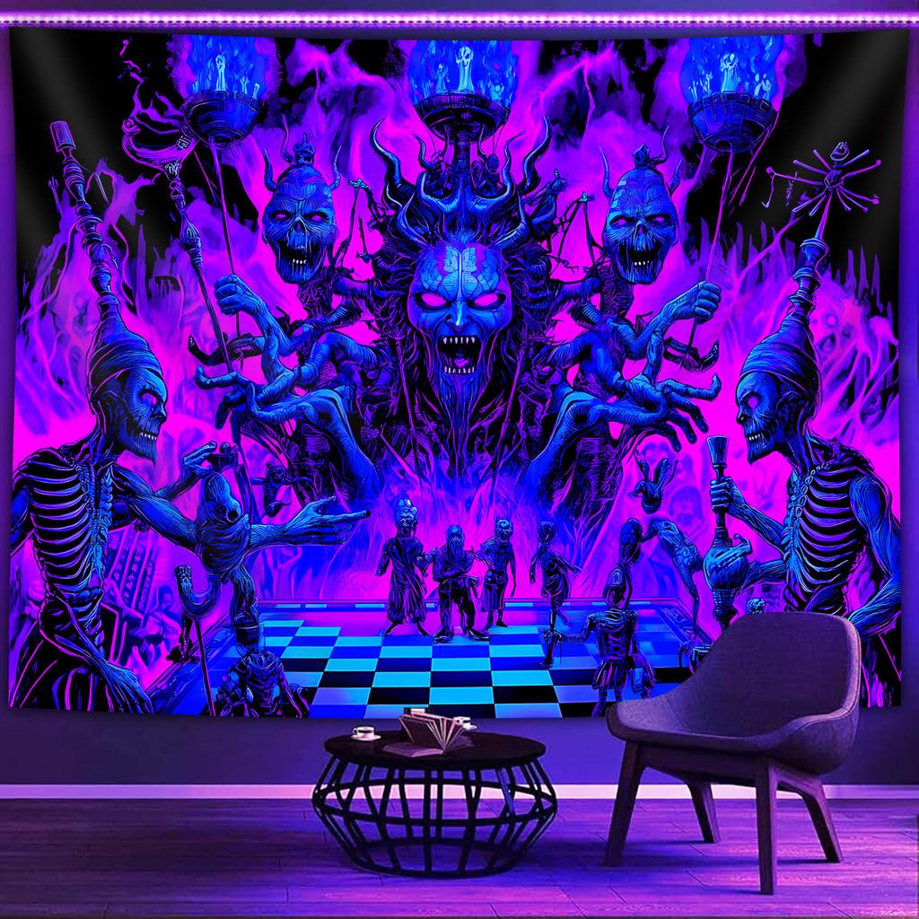 VIKAMA Halloween Dark Night Demon Lord Tapestry Horned Demon Purple-Blue Skull Dark Room Theme Gothic Style Living Room Decor
