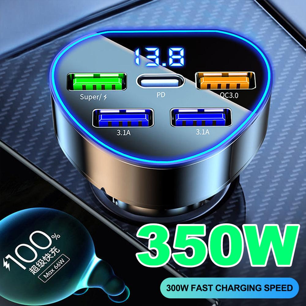 350W Car Phone Charger USB Type C Super Fast Charge in Car with LED Voltage Monitor for IPhone Samsung Huawei Oneplus Vivo Oppo