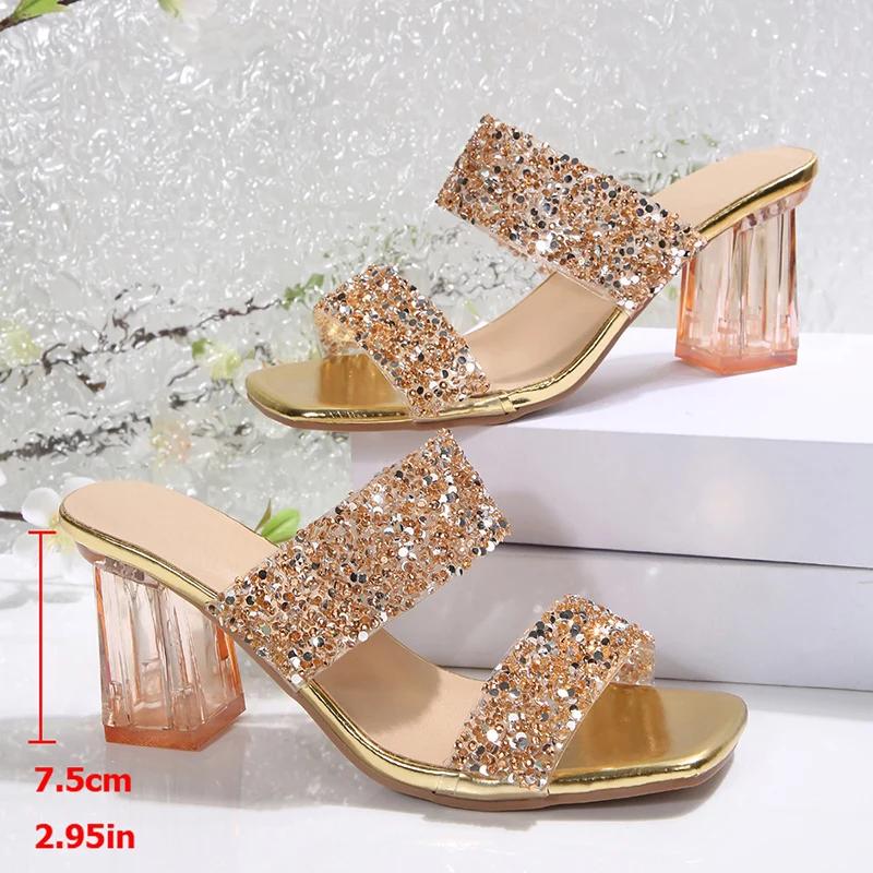 Fashion Gold Silver Sequins High Heels Sandals Women Summer Fashion Square Toe Transparent Heel Slippers Woman Bling Banquet Party Shoes