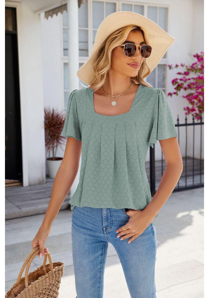 EU Cross-Border Women's Square Neck Pleated Short Sleeve Loose T-shirt 2024 Spring/Summer Collection