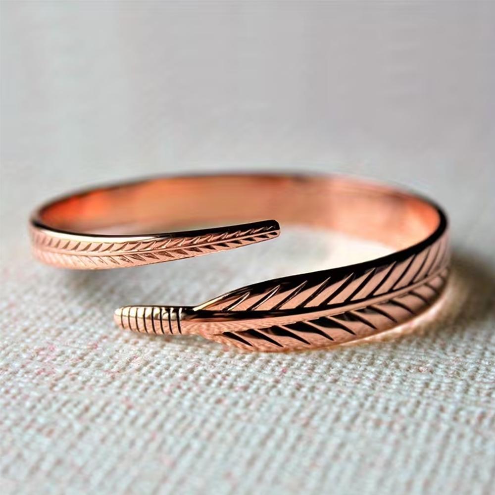 Rose Gold Feather Open Ring, Adjustable Minimalist Stackable Ring For Women