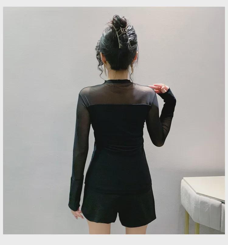 Podzimní přiléhavé tričko s korálkovou patchworkovou aplikací, polovyvýšeným límcem a dlouhým rukávem pro ženy