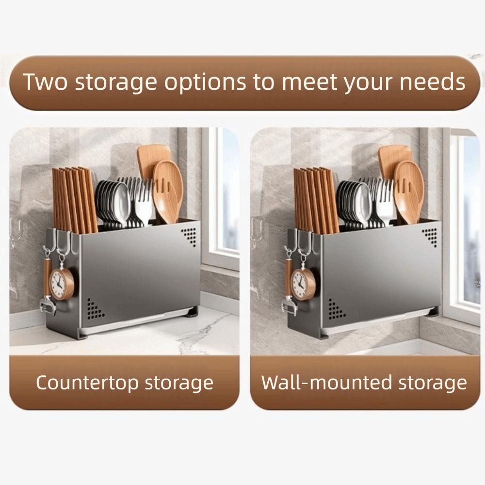 Carbon Steel Chopsticks Storage Box Large Capacity Wall Mounted Utensil Drying Rack Space Saving with Drain Tray