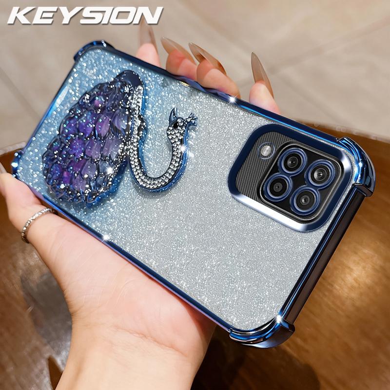 KEYSION Shockproof Plating Phone Case for Samsung A12 A22 4G Clear Soft TPU Glitter Jewelled Swan kickstand Back Cover for Galaxy M12