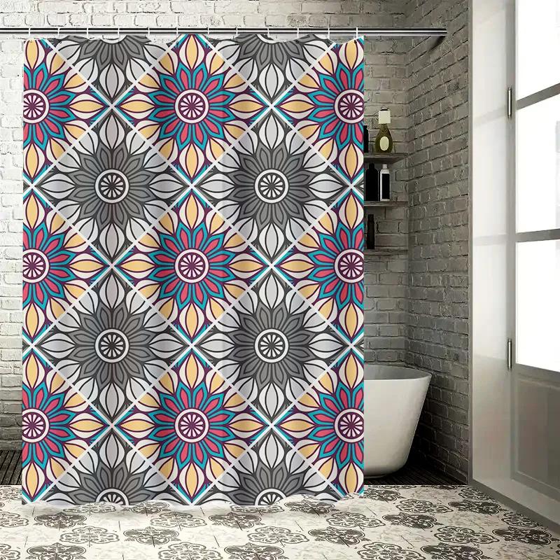 Colorful Tile Print Shower Curtain Bathroom Decor with Floral Design in Pink, Yellow Blue for Home Use