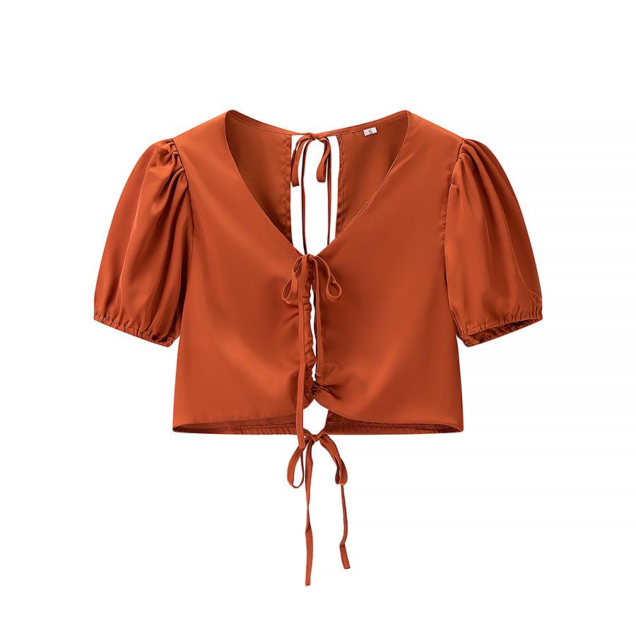 2025 Spring Women's European & American Style Tie-Front Short Sleeve Top