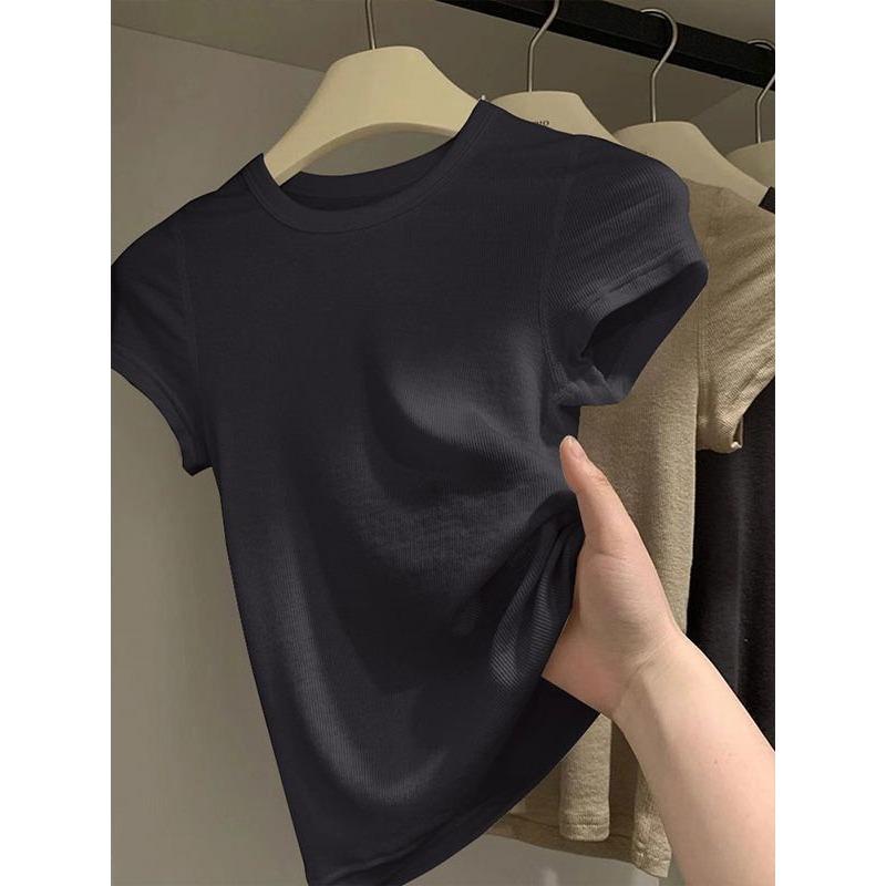 Unique Summer Short Sleeve Cotton T Shirt Women Slim Fit Solid Color Cropped Top Stylish Design