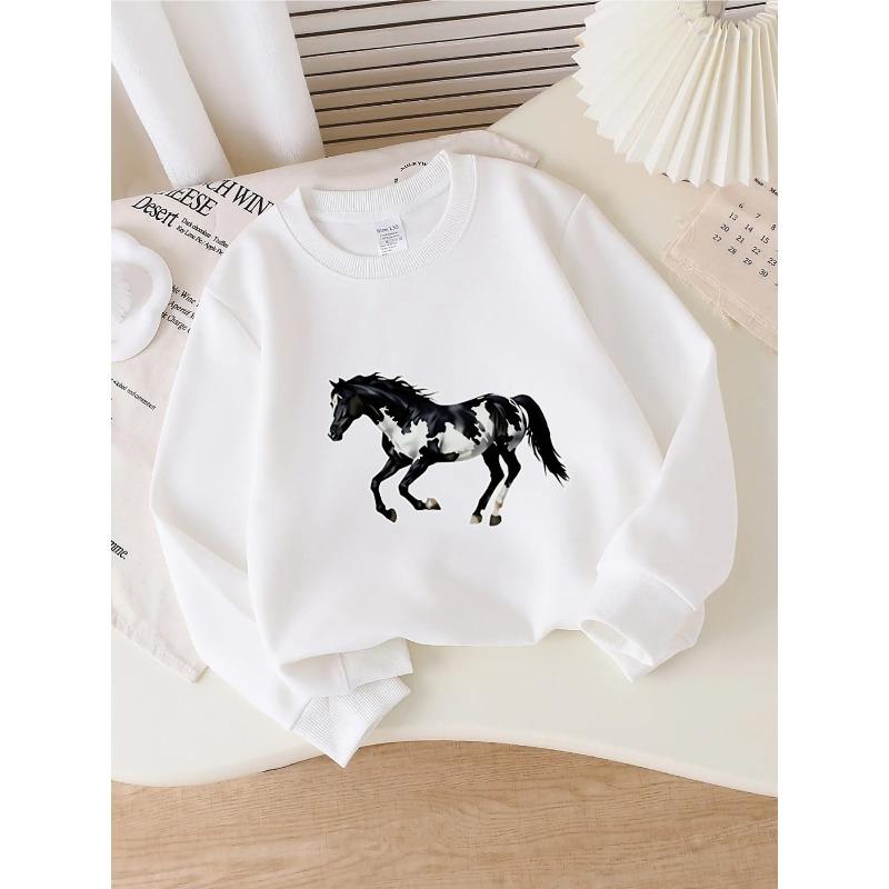 Taglie Europee Felpa Girocollo Bambino - Stampa Fantasia Cavalli Bianco e Nero, Abbigliamento Sportivo e Casual, Morbida e Confortevole, Abbigliamento per Bambini