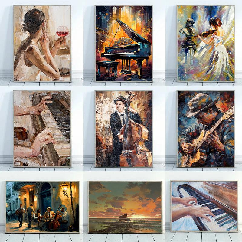 Abstrakte Vintage Musikposter Öl Jazz Saxophon Violine Gitarre Klavier Poster Leinwanddruck Wandkunst Poster Wohnzimmerdekor