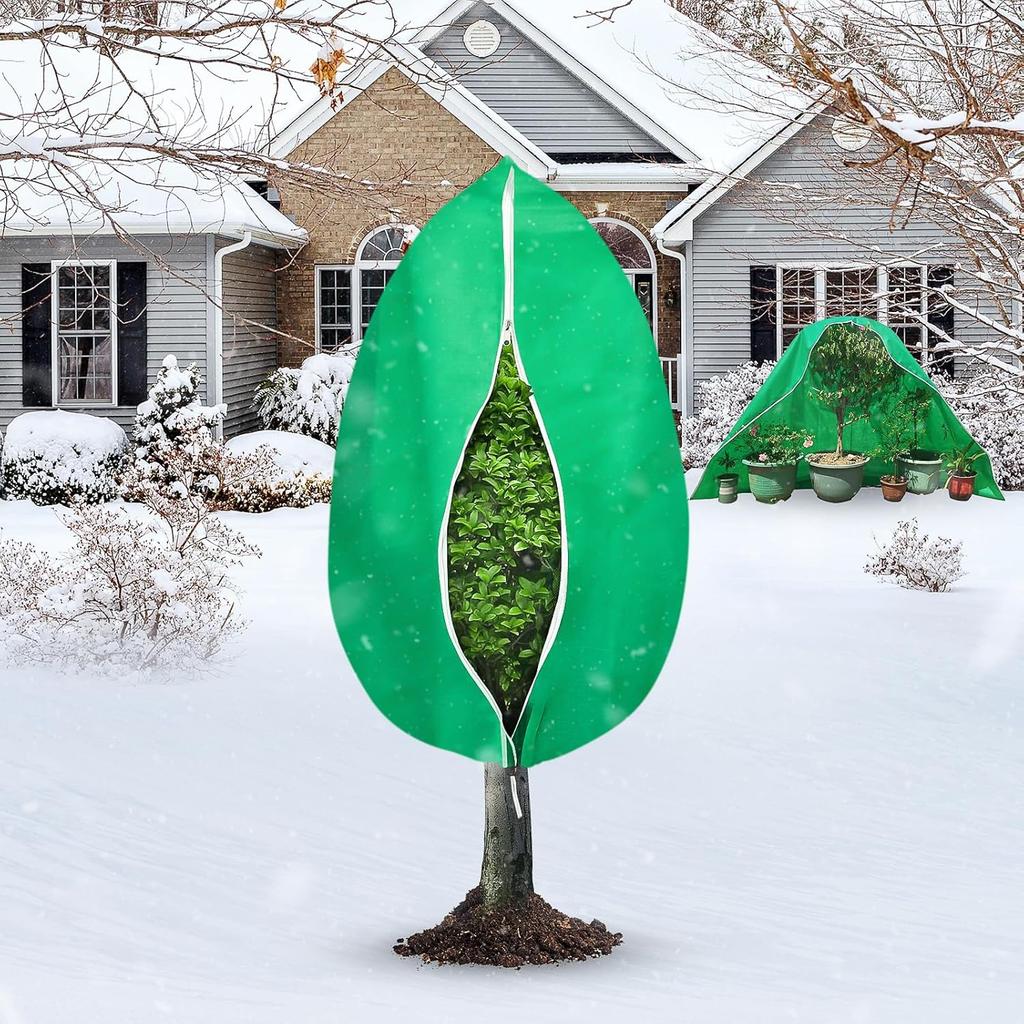 4 Pack Plant Covers Freeze Protection, 31.5" x 47.3" Large Frost Cloths Blankets with Zipper Drawstring, Shrub Jackets Tree Covers for Winter Outdoor