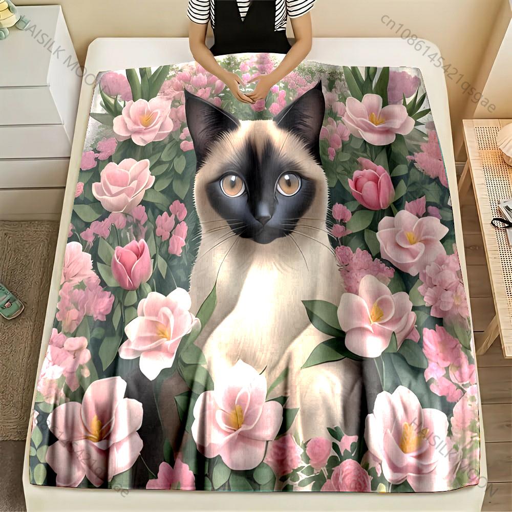 

Multi-size Cat and Pink Roses Pattern Blanket Flannel Material Soft Warm for All Seasons Home Outdoor Camping Picnics RV 75x90cm