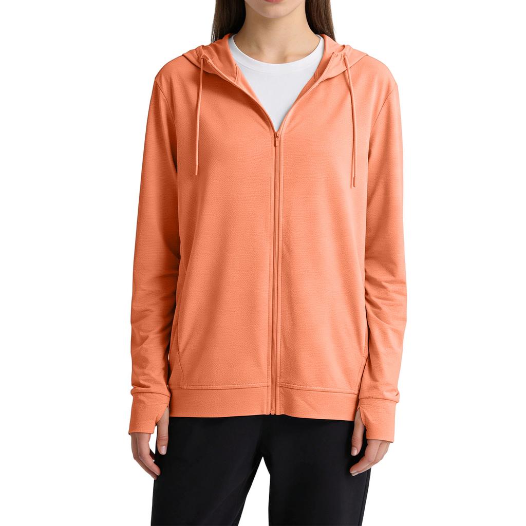 Lightweight Full Zip Hooded Jacket with Long Sleeves Breathable Fabric Casual Loose Fit Sun Outerwear