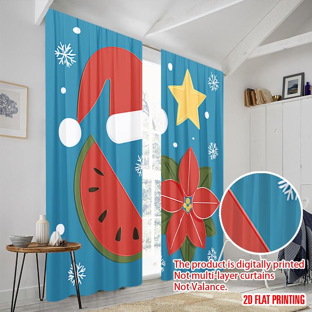 2pcs,2D Plane Printing Pattern Curtains Santa On Beach Chair with Fashion Glasses & Watermelon Durable 100% Polyester Fabric