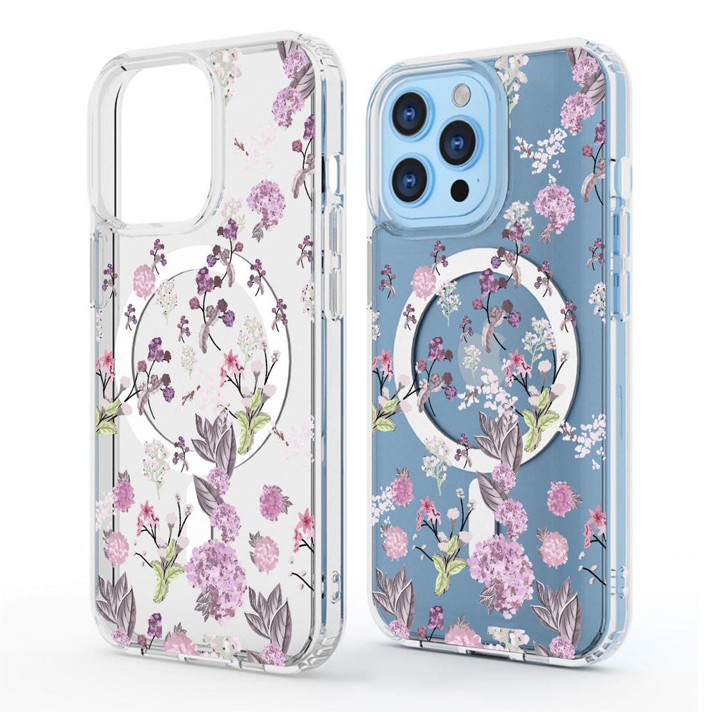 Small Purple Floral Magnetic Case for iPhone 15/16/17 Pro Max - Transparent Full Coverage