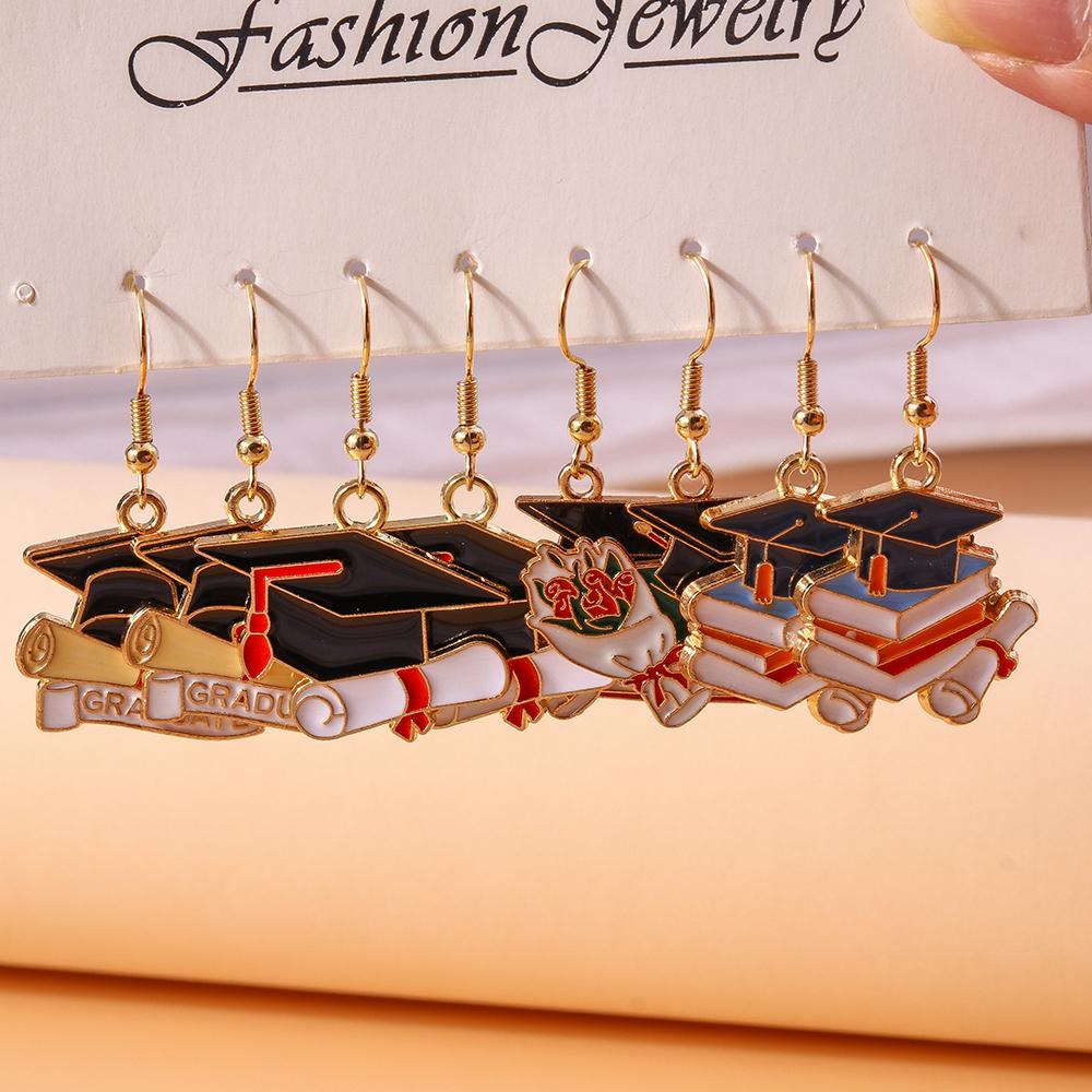 4pairs Cute Mortarboard Dangle Earrings for Women Girls Doctorial Hat Drop Earrings Graduation Jewelry Gifts