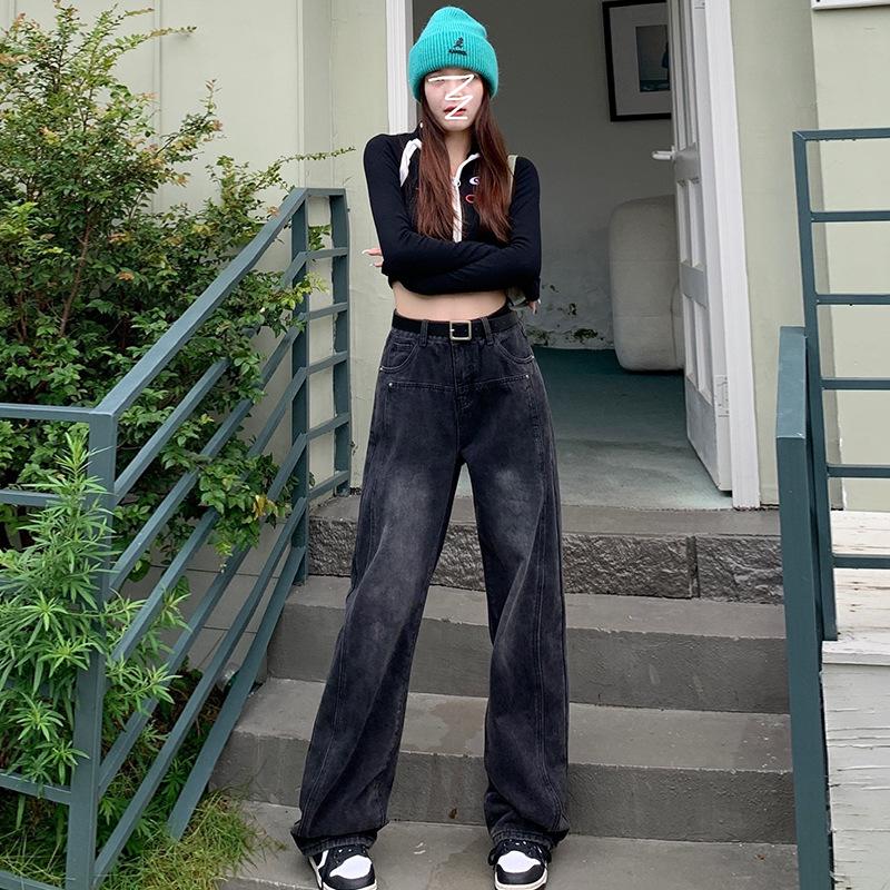 

Черные женские джинсы с высокой посадкой и широкими штанинами в стиле ретро - Стройнящие, универсальные брюки в пол XL черный серый