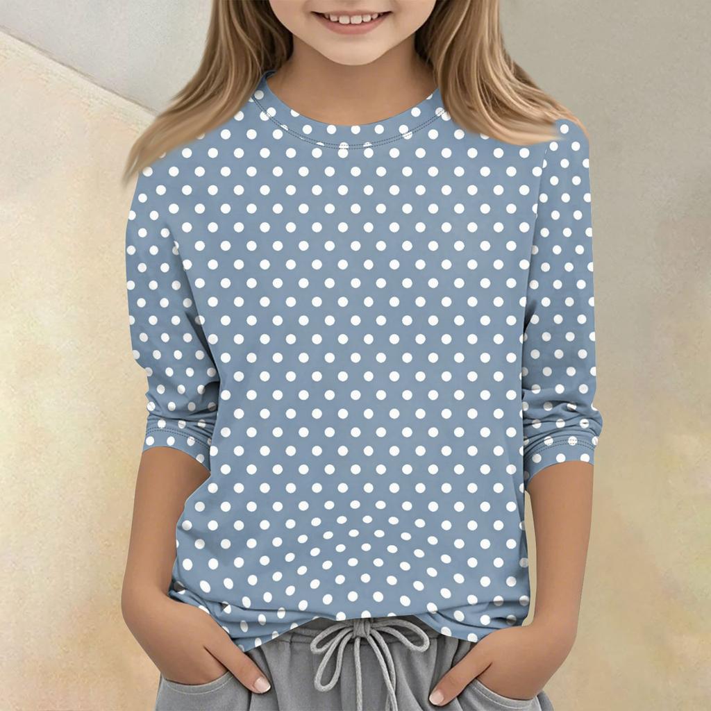 Kids Polka Dot Print Crew Neck Three Quarter Sleeve Casual T Shirt Lightweight Soft Fabric Comfortable Fit for Everyday Wear