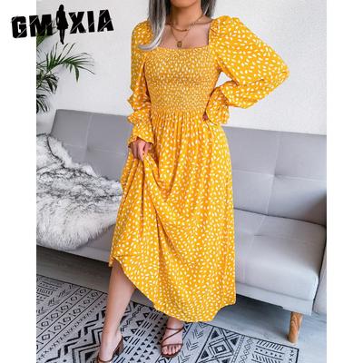 Moda Mujer Verano Primavera Estampado Floral Manga Larga Cuadrado Delgado Casual Vacaciones Rayón Plisados Vestidos