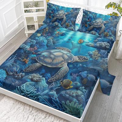 Juego de sábanas de 4 piezas con diseño de tortugas marinas: 1 sábana encimera, 1 sábana encimera extragrande y 2 fundas de almohada. (Tono azul, vista al mar)